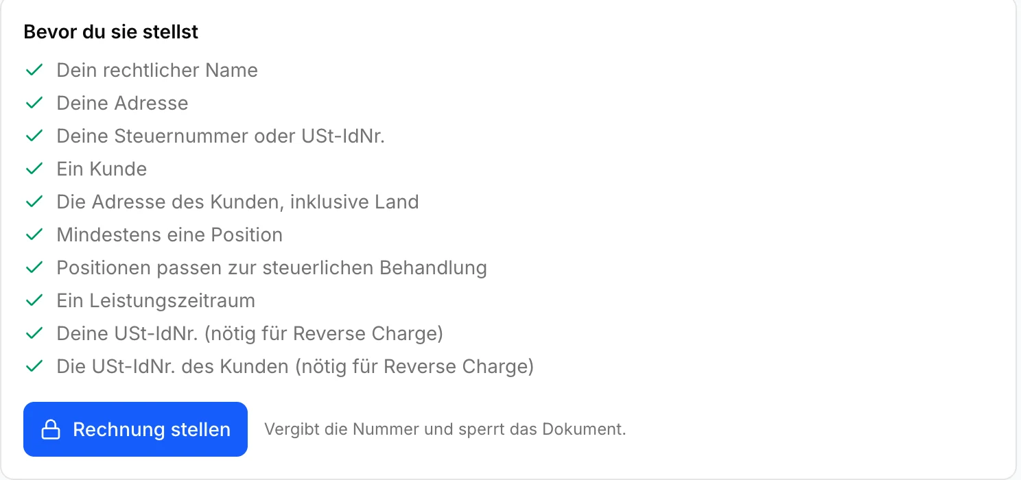 Die Checkliste vor dem Stellen: zehn erfüllte Punkte mit grünen Haken, darunter die Schaltfläche Rechnung stellen.