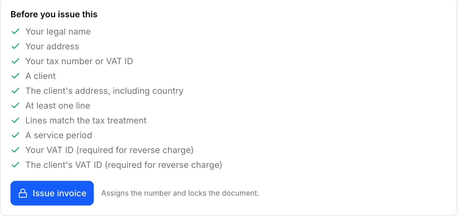 The pre-issue checklist, listing ten satisfied requirements with green ticks, above the Issue invoice button.