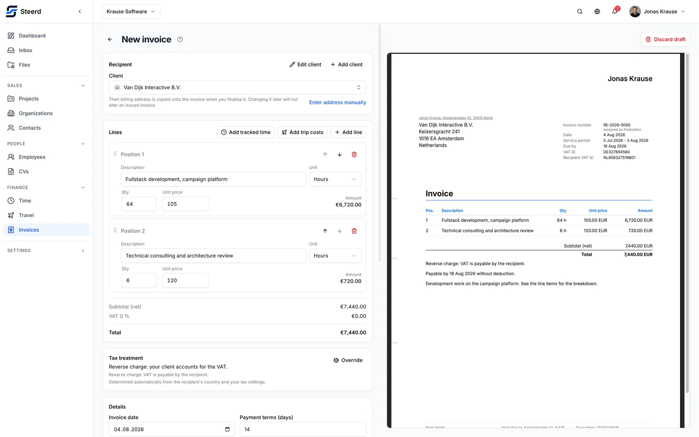 The invoice editor: line items and tax treatment on the left, a live PDF preview of the finished invoice on the right.