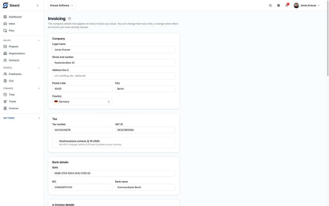 The invoicing profile, holding the company, tax and bank details that appear on every invoice.