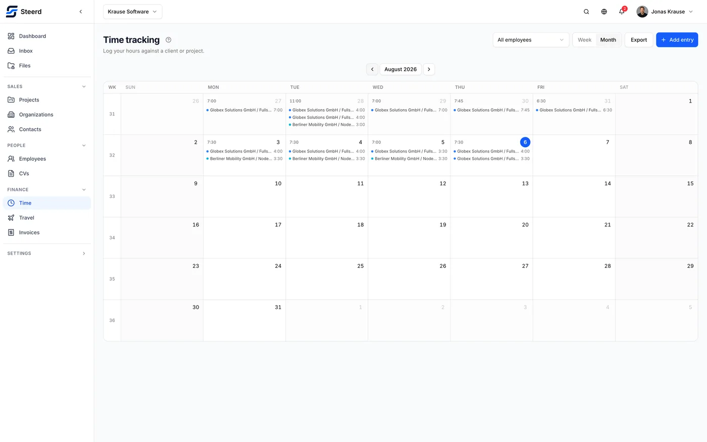 The month view of time tracking, laid out as a calendar with entries on each day.