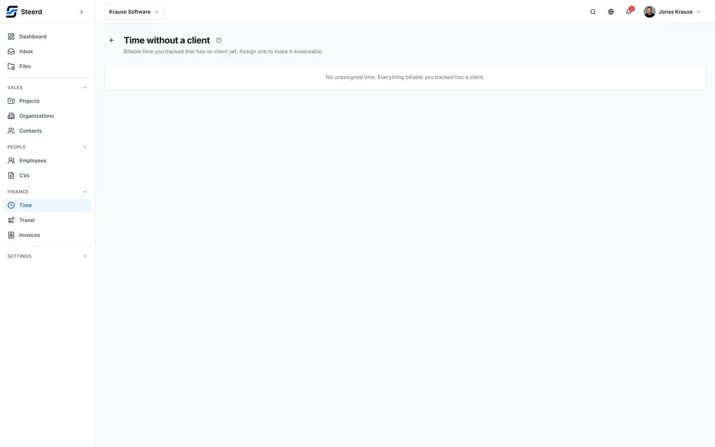 The Time without a client screen, listing billable entries that have no client assigned yet.