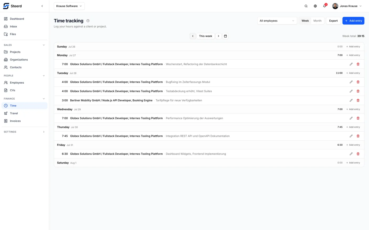 The week view of time tracking, with entries grouped under each weekday and a total per day.