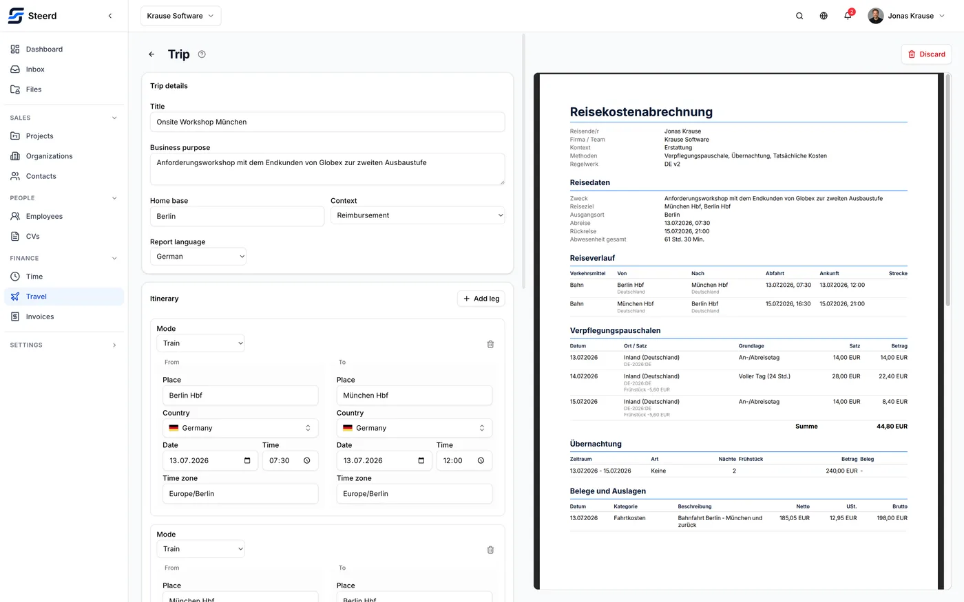 The trip editor: the itinerary and costs on the left, the live travel report on the right.